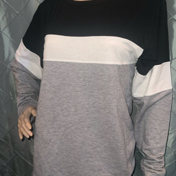 Womens Small Black White Gray Stripe Casual Loose Long Sleeve Pullover (GS3) - Picture 2 of 6